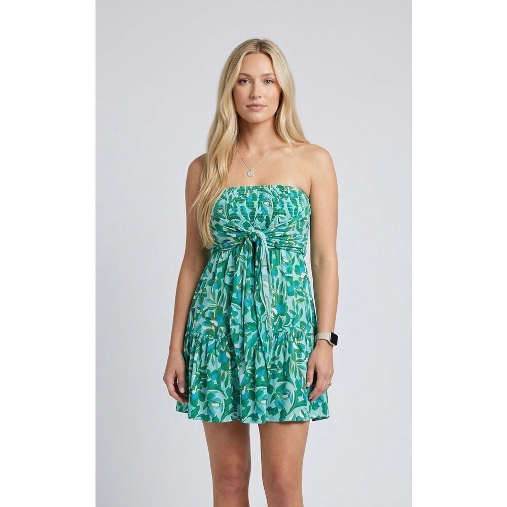 NWT Aakaa Strapless Smocked Tie Front‎ Printed Mini Dress Size M Vacation Beach